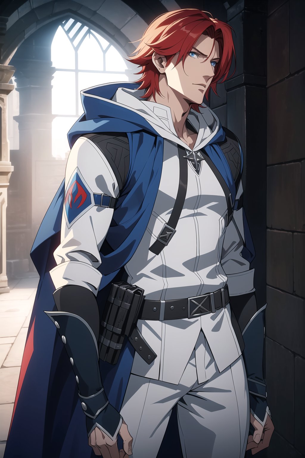 (Masterpiece, Best Quality), (A Handsome 25-Year-Old British Male Werewolf Hunter), (Spiky Short Red Hair:1.2), (Pale Skin), (Blue Eyes), (Wearing White and Blue Tactical Assassin Outfit with Hood:1.4), (Modern City Road at Noon:1.2), (Standing Pose:1.4), Centered, (Half Body Shot:1.4), (From Front Shot:1.4), Insane Details, Intricate Face Detail, Intricate Hand Details, Cinematic Shot and Lighting, Realistic and Vibrant Colors, Sharp Focus, Ultra Detailed, Realistic Images, Depth of Field, Incredibly Realistic Environment and Scene, Master Composition and Cinematography, castlevania style,castlevania style