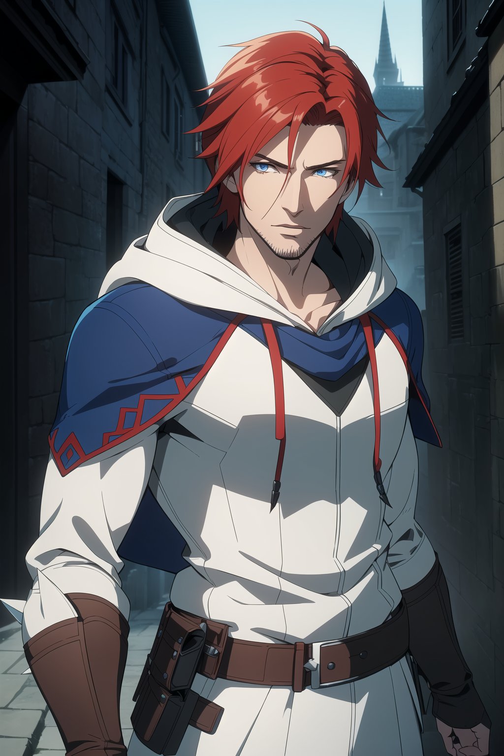 (Masterpiece, Best Quality), (A Handsome 25-Year-Old British Male Werewolf Hunter), (Spiky Short Red Hair:1.2), (Pale Skin), (Blue Eyes), (Wearing White and Blue Tactical Assassin Outfit with Hood:1.4), (Modern City Road at Noon:1.2), (Standing Pose:1.4), Centered, (Half Body Shot:1.4), (From Front Shot:1.4), Insane Details, Intricate Face Detail, Intricate Hand Details, Cinematic Shot and Lighting, Realistic and Vibrant Colors, Sharp Focus, Ultra Detailed, Realistic Images, Depth of Field, Incredibly Realistic Environment and Scene, Master Composition and Cinematography, castlevania style,castlevania style