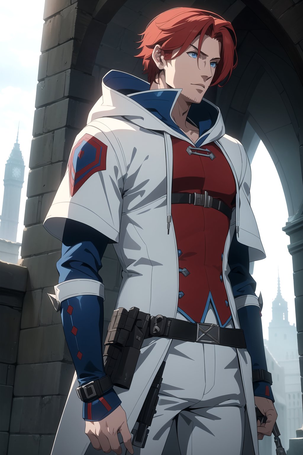 (Masterpiece, Best Quality), (A Handsome 25-Year-Old British Male Werewolf Hunter), (Spiky Short Red Hair:1.2), (Pale Skin), (Blue Eyes), (Wearing White and Blue Tactical Assassin Outfit with Hood:1.4), (Modern City Road at Noon:1.2), (Standing Pose:1.4), Centered, (Half Body Shot:1.4), (From Front Shot:1.4), Insane Details, Intricate Face Detail, Intricate Hand Details, Cinematic Shot and Lighting, Realistic and Vibrant Colors, Sharp Focus, Ultra Detailed, Realistic Images, Depth of Field, Incredibly Realistic Environment and Scene, Master Composition and Cinematography, castlevania style,castlevania style