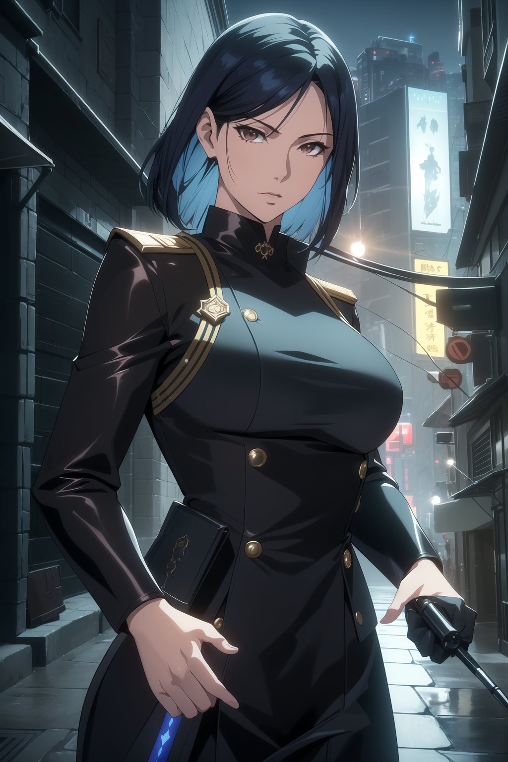 (Masterpiece, Best Quality), (A Stern 25-Year-Old Japanese Female Secret Agent), (Shoulder-length Navy Blue Hair:1.2), (Pale Skin), (Brown Eyes), (Wearing Black and Blue Sleek Tactical Outfit:1.4), (Modern City Road at Night:1.4), (Dynamic Pose:1.2), Centered, (Half Body Shot:1.4), (From Front Shot:1.4), Insane Details, Intricate Face Detail, Intricate Hand Details, Cinematic Shot and Lighting, Realistic and Vibrant Colors, Sharp Focus, Ultra Detailed, Realistic Images, Depth of Field, Incredibly Realistic Environment and Scene, Master Composition and Cinematography, castlevania style,castlevania style