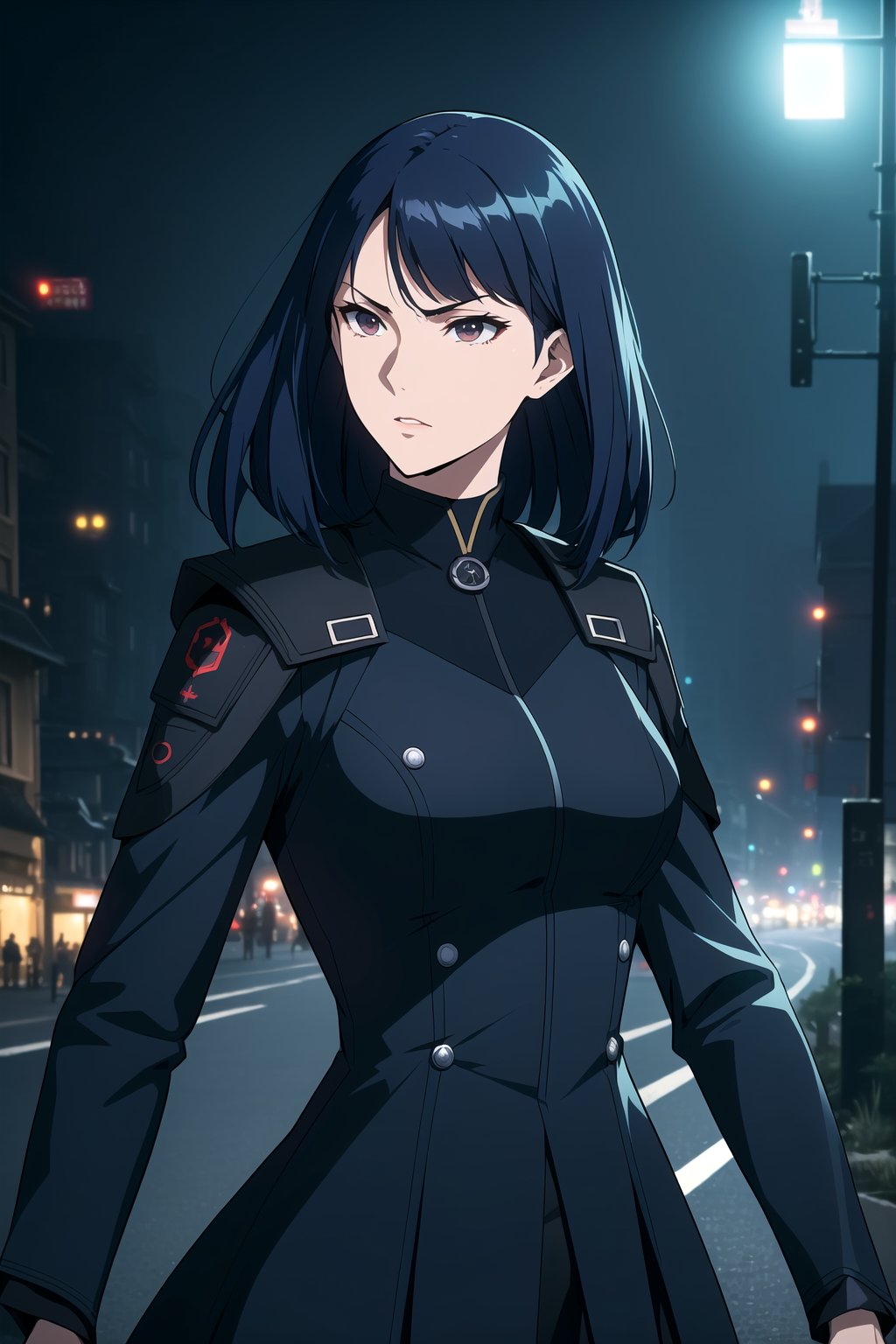 (Masterpiece, Best Quality), (A Stern 25-Year-Old Japanese Female Secret Agent), (Shoulder-length Navy Blue Hair:1.4), (Pale Skin), (Dark Brown Eyes), (Wearing Black and Blue Sleek Tactical Outfit:1.4), (Modern City Road at Night:1.4), (Dynamic Pose:1.2), Centered, (Half Body Shot:1.4), (From Front Shot:1.4), Insane Details, Intricate Face Detail, Intricate Hand Details, Cinematic Shot and Lighting, Realistic and Vibrant Colors, Sharp Focus, Ultra Detailed, Realistic Images, Depth of Field, Incredibly Realistic Environment and Scene, Master Composition and Cinematography, castlevania style,castlevania style