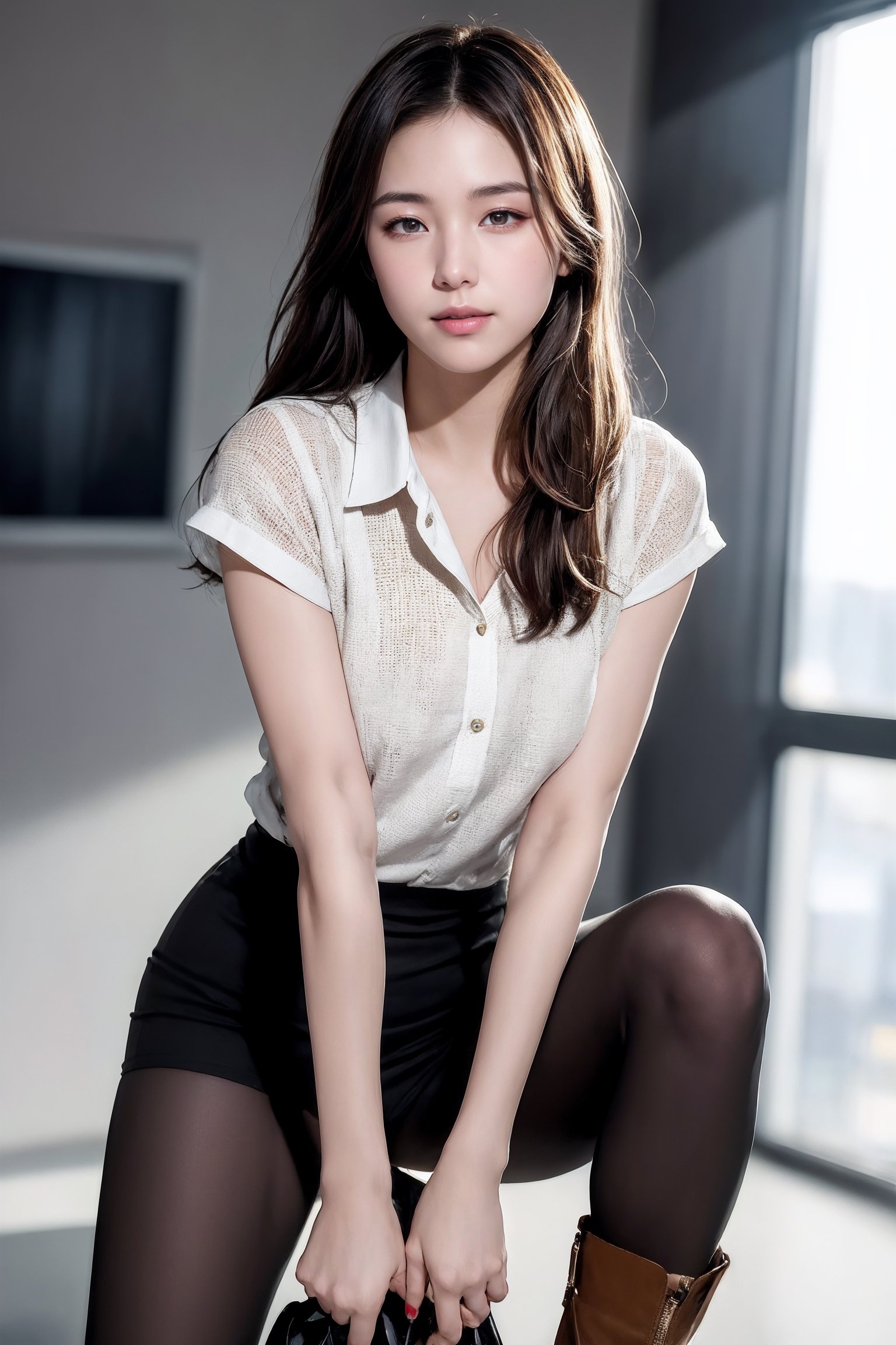 portrait of one teen girl, 24 years old, medium breast, long brown hair, office lady outfit, shy, introvert, white high heel boots, soft lighting, high resolution, photorealistic, photo, realism, sharp photography, a photograph of, maximum detail, sharp focus, intricate details, ultra - realistic, cinematic lighting, volumetric lighting, photography, beautiful details, cinematic lighting, render, 8k, Portra 800 medium format film, 105mm SMC Takumar, 3200 dpi scan, mist, octane render, unreal engine, 8k, photorealistic, digital, detailed, extra fine details, award photo quality, photorealism, 8k, uhd, unreal engine, octane, highly realistic resolution uhd 8k octane,  light smiling, pantyhose, long legs, colorful_girl_v2,blurry_light_background,tutugp,realhands,n_2b,1girl, 1boy,solo,1 girl,yuzu,asian girl