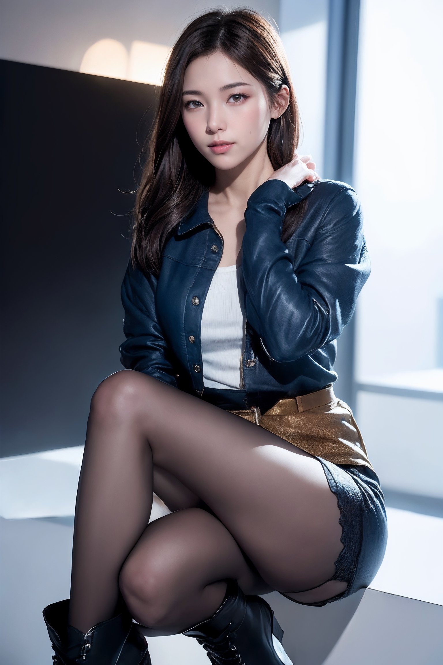 portrait of one teen girl, 24 years old, medium breast, long brown hair, office lady outfit, shy, introvert, white high heel boots, soft lighting, high resolution, photorealistic, photo, realism, sharp photography, a photograph of, maximum detail, sharp focus, intricate details, ultra - realistic, cinematic lighting, volumetric lighting, photography, beautiful details, cinematic lighting, render, 8k, Portra 800 medium format film, 105mm SMC Takumar, 3200 dpi scan, mist, octane render, unreal engine, 8k, photorealistic, digital, detailed, extra fine details, award photo quality, photorealism, 8k, uhd, unreal engine, octane, highly realistic resolution uhd 8k octane,  light smiling, pantyhose, long legs, colorful_girl_v2,blurry_light_background,tutugp,realhands,n_2b,1girl, 1boy,solo,1 girl,yuzu,asian girl