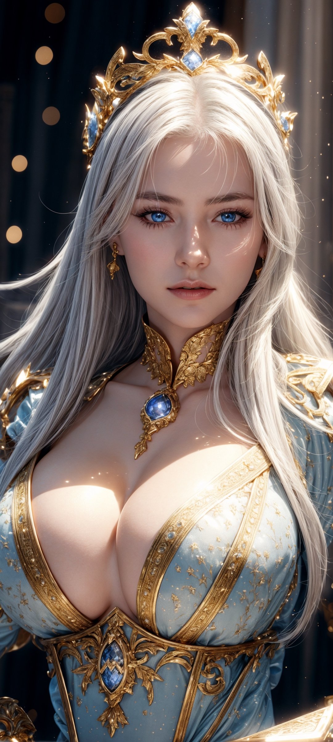 best quality, high resolution, 8k, realistic, sharp focus, photorealistic image of a graceful white haired lady, blue eyes, this lady wearing golden armor with golden magical bell in her possesion, shiny skin, ice theme, huoshen, zhurongshi, huoshen, blurry_light_background, EpicSky,1 girl,with huge boobs