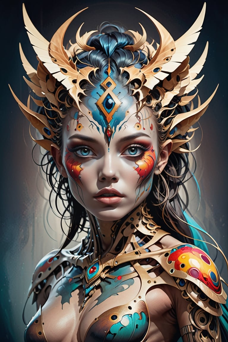 The Goddess of Art, beautiful eyes, symmetrical face, paint, ink, palettes, spectrum, in the style of Joshua Middleton, Mucha, Kandinsky professional concept art symmetrical portrait of a horrendous mechanical predatory species in a dark room by artgerm and greg rutkowski. an intricate, elegant, highly detailed digital painting, abstraction, concept art, smooth, sharp focus, illustration, in the style of cam sykes.