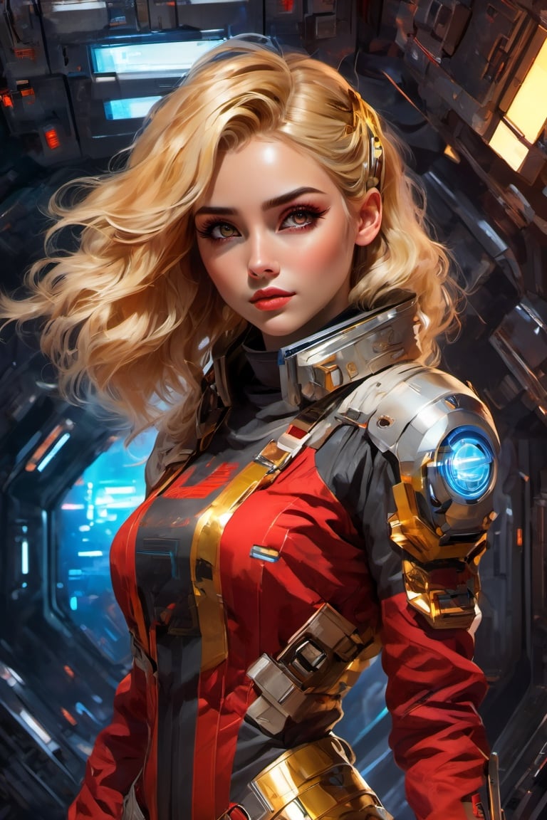 A girl with blond hair, intense golden red eyes, wearing Cyberpunk clothes,space uniform with her arms made of metal, against a dark background of inside a space station at night. detailed-eyes, details-face, details-lips,LuxuriousNeons Costume,  silver dress,tape_clothes,tape,upshirt