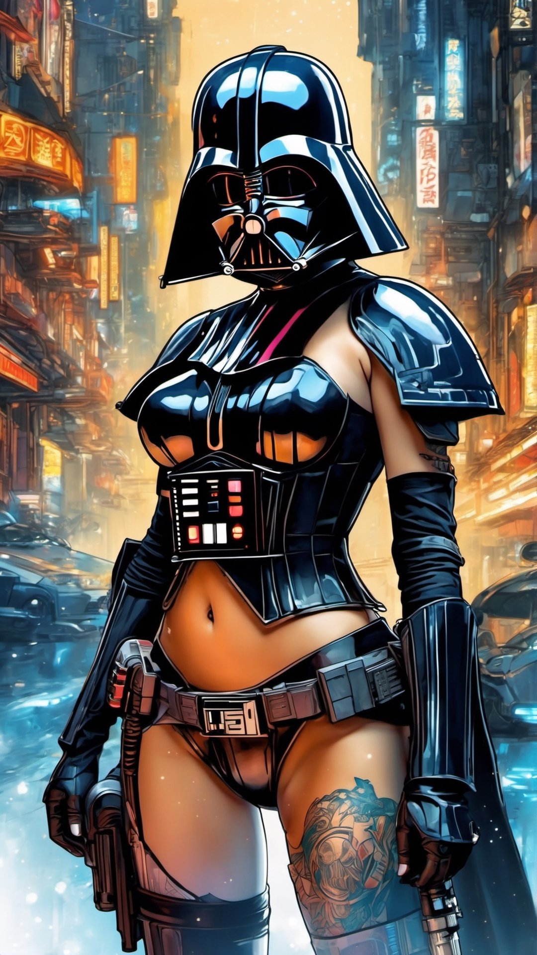 "Artistic Image, The center of this scene is a female Darth Vader of Star Wars, full body portrait with iconic Star Wars mask. She is seen amidst her high-tech environment, adorned with Star Wars Tattoo art, navel piercing. The image should be a blend of digital illustration and anime, featuring a level of detail that brings the character and scene to life. The Boba Fetts anatomy is athletic, capturing the essence of both freedom and soul. Drawing inspiration from Masamune Shirow, the illustration features sharp focus, smooth transitions, and an underlying watercolor aesthetic. The environment is filled with digital screens and neon lights, adding to the cyberpunk atmosphere.", 35mm, Medium Shot, Studio Lighting, Highly Detailed, Octane Render,photo r3al ((medium breasts))