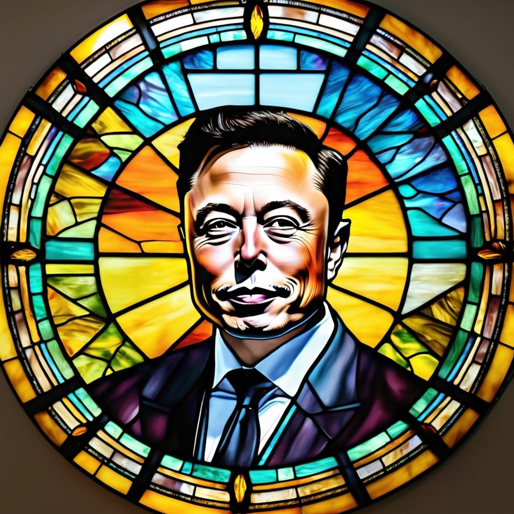 masterpiece, best quality, Stained glass, circle, 8k UHD, ultra realistic, beautiful, (Elon Musk), glass, centered, rule of thirds, portrait, Elon Musk's face, front view, facing viewer, beautiful details, happy lighting, colorful lighting, simple composition, elegant