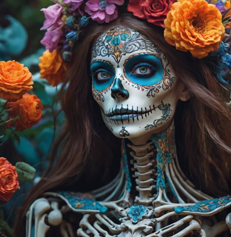 close up,beautiful flowerpunk skeleton girl,intricate and highly detailed  showcasing an extraordinary command of perspective, composition, and imaginative storytelling, chiaroscuro, flowers and vines in the background and foreground, vibrant colors