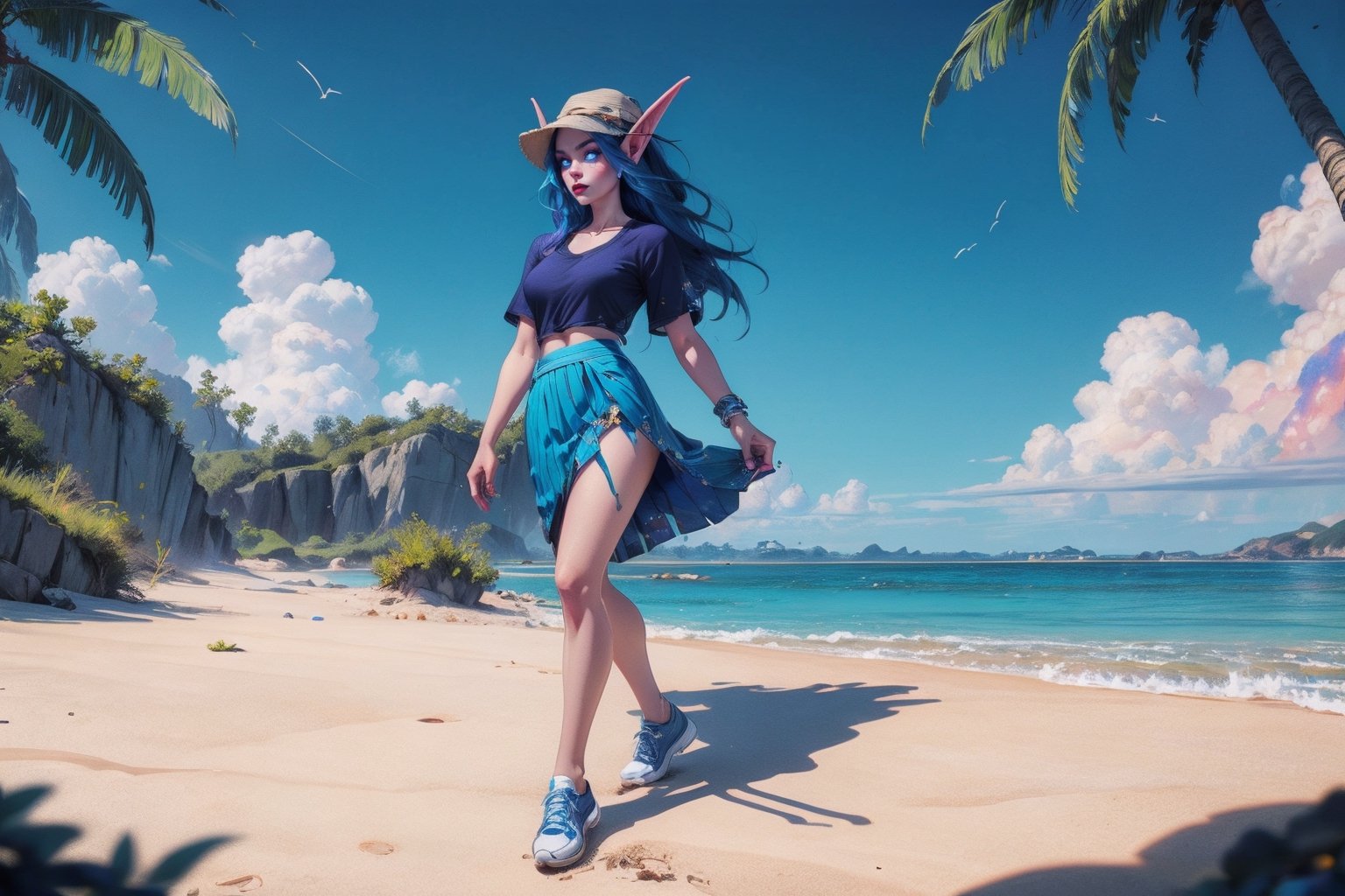 (8k, RAW photo, best quality, masterpiece), (realistic, photo-realistic)(best quality, masterpiece, intricate details:1.1),photorealistic,

World of warcraft Void Elf,
1 girl,
(elf ears,long hair, blue hair,realistic hair,
neon blue eyes)
(wears clothes, blue skirt and blue top, summer hat,
summer shoes)

body,
looking_at_viewer, walking,beach,
