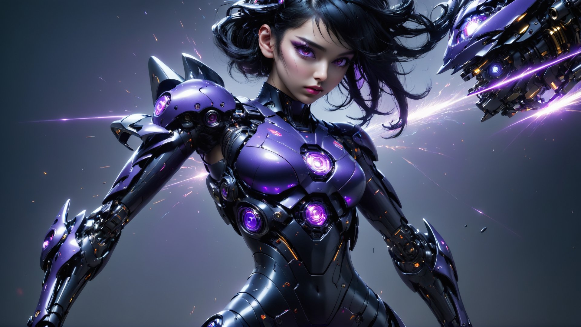 (best quality:1.2, highres, masterpiece:1.2),
1girl, genshinmona, beautiful detailed eyes, beautiful tears,beautiful Passionate lips, black hair,purple and black bodysuit, full body, 
mechanical arms, medium breasts, science fiction, solo, stadning,  rimlight, simple background,modelshoot style,motorball,full body cyborg,