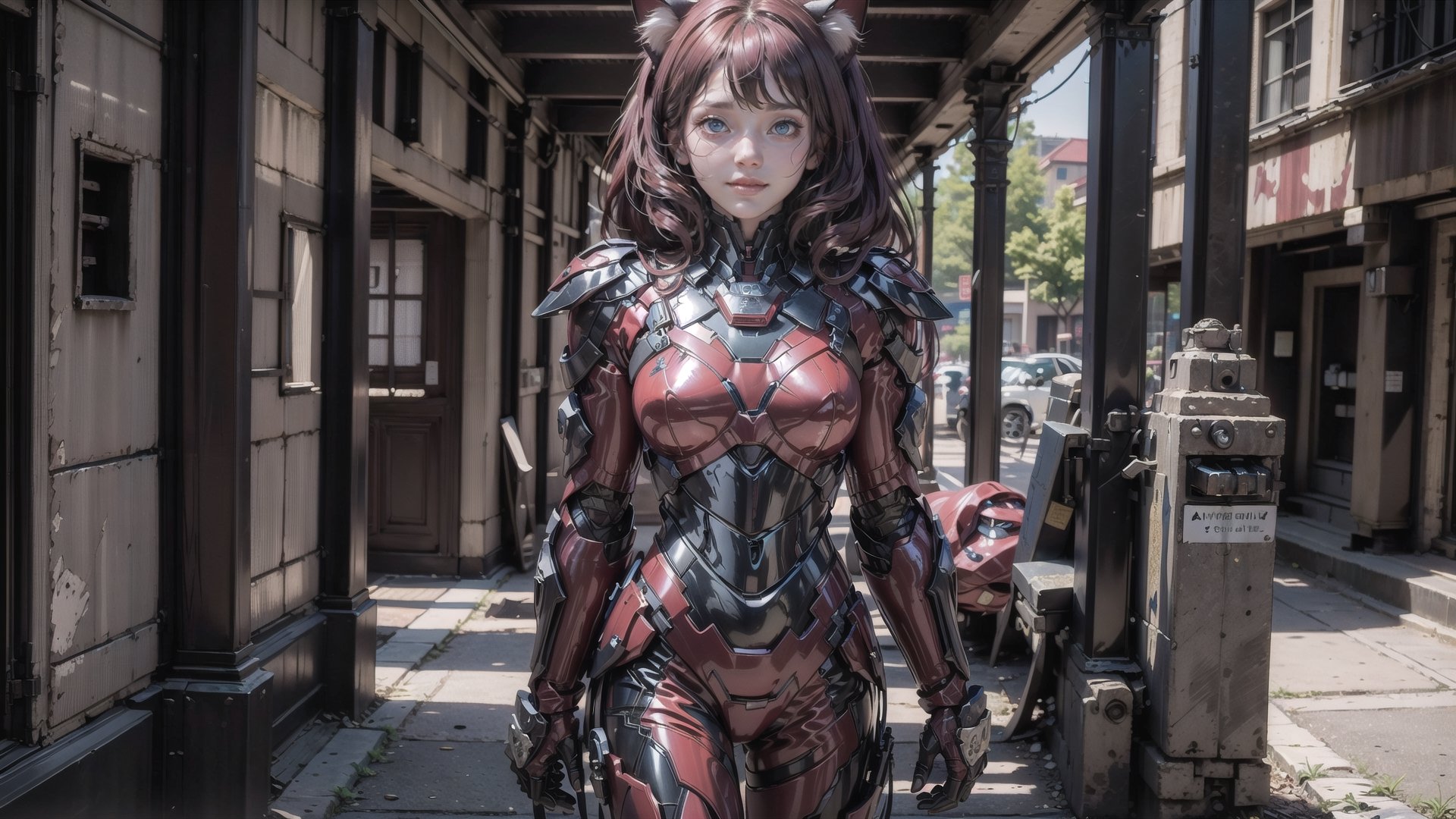 (8k, RAW photo, best quality, masterpiece), (realistic, photo-realistic)(best quality, masterpiece, intricate details:1.1),photorealistic,

Emily face,
cat girl,Cat_Ears, ironman armor, 
doesn't wear helm,
alone,
smile,
standing,
long hair, red hair, blue eye,
body,

looking_at_viewer,walking,
,Realism,