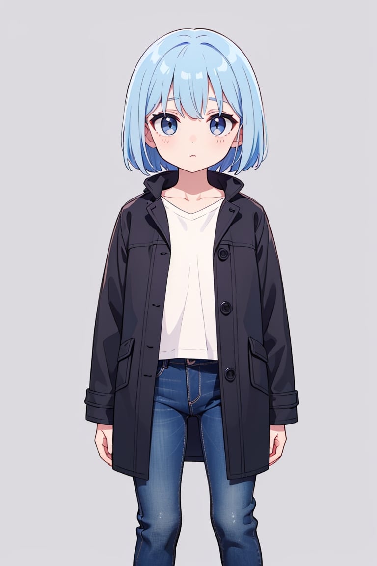 masterpiece), (best quality:1), ((consistency)),

petite, standing, solo, closed mouth

flat chest, expressionless, 

medium_hair, Light Blue hair, black, grey eye,

white shirt, jeans, black coat, 

simple background,
