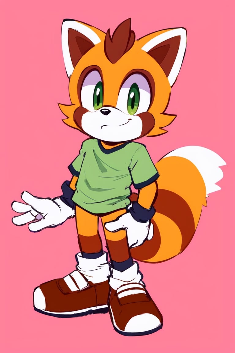 best quality, masterpiece, mobian, red panda, pink background, male, green shirt, no pants, cute child, miniboy, gloves, shoes,