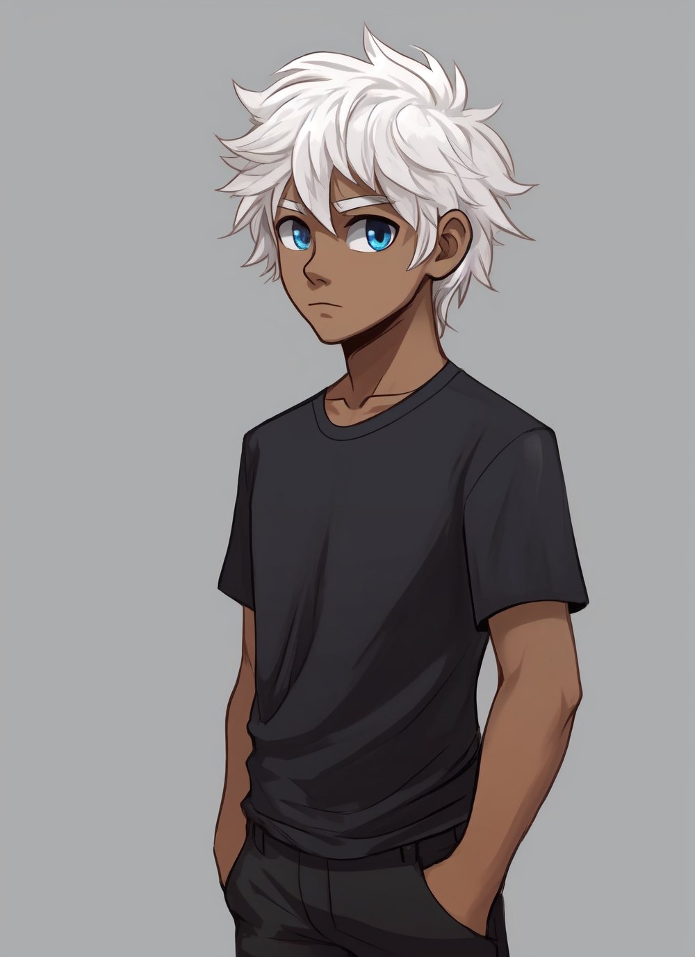 best quality, detailed eyes, consistency, masterpiece,high detail eyes, highres, grey background, 2D, standing,

solo, male, messy hair, blue eyes, black shirt, black pants, white hair, (brown skin, dark skin, white eyebrows), expressionless,