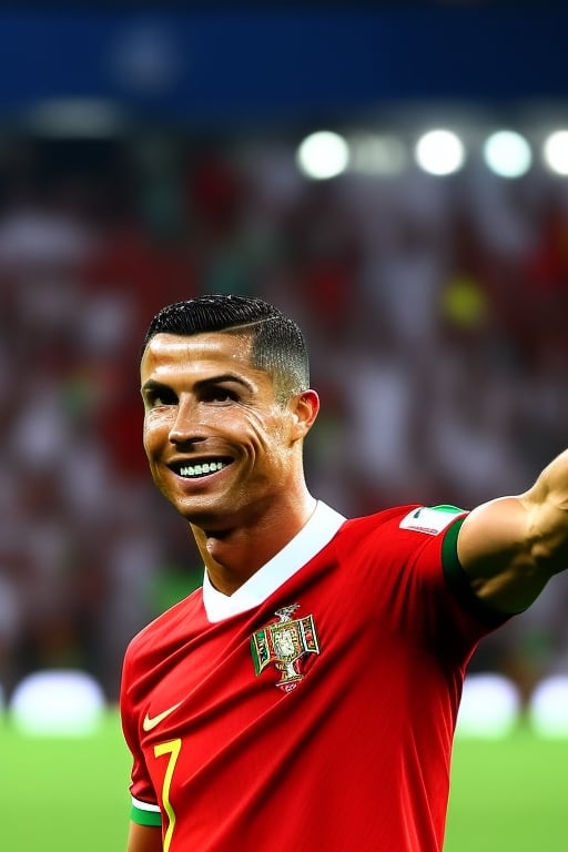 portrait of crisron person, close_up portrait, In the heart of the football frenzy, a Portuguese football maestro takes center stage. Clad in the iconic jersey of the national team, he stands poised near the opponent's goal, determination etched on his face as he aims to score a goal for his country. The stadium, illuminated by the vibrant night lights, pulsates with energy, and a sea of passionate fans fills the stands, waving Portuguese flags in a symphony of support.
The night sky adds an air of drama to the scene, with the floodlights casting a spotlight on the action. The stadium is alive with the collective roar of the crowd, and the flags of Portugal flutter proudly in the electrified atmosphere. The 8K resolution captures every detail with stunning clarity—the beads of sweat on the player's forehead, the intensity in his eyes, and the meticulous stitching of the team jersey.
This portrait is a celebration of football, a fusion of skill and emotion frozen in time. The cinematic color palette, reminiscent of classic sports films, adds a timeless quality to the image, making it not just a photograph but a visual narrative of the beautiful game at its most exhilarating moment.