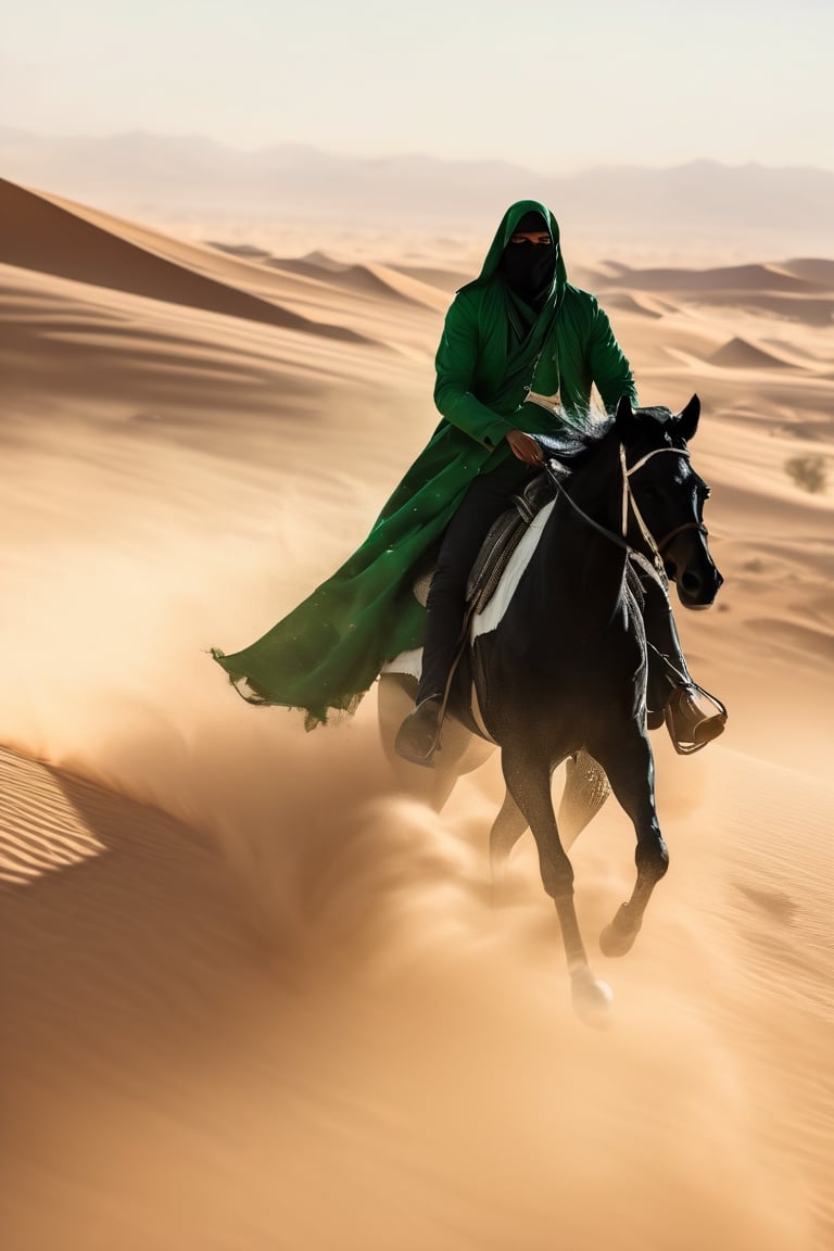 Masterpiece,wallpaper,realistic, Best Quality, (Best illustration), (Best Shade)،  War،fighting,4k,andalus outfit style,full body,unveil,riding a horse,sword in his right hand,unveil,black horse,man wearing white and green clothes,Movie Still,covering his face,runnig in the desert