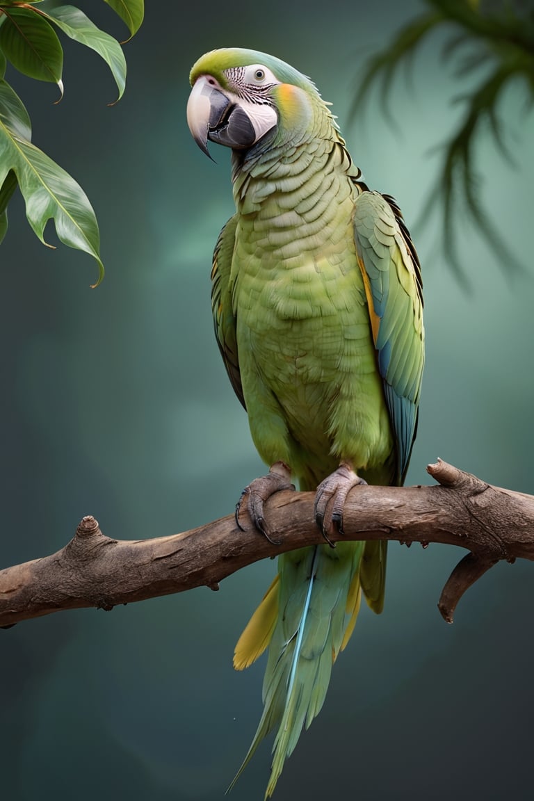 Green parrot (Male) bird sitting on top of a tree branch, closed beak, very long tail, unsplashed photography, hyper realistic, staggering in its beauty, la nouvelle vague, sitting at a pond, , long flowing fins, highly capsuled, this set colours, Steve, 8k, sharp focused