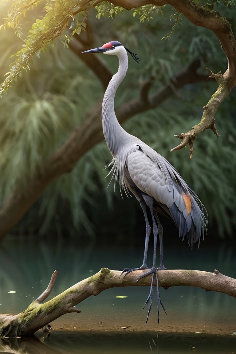 Crane (Male) bird sitting on top of a tree branch, closed beak, very long tail, unsplashed photography, hyper realistic, staggering in its beauty, la nouvelle vague, sitting at a pond, , long flowing fins, highly capsuled, this set colours, Steve, 8k, sharp focused