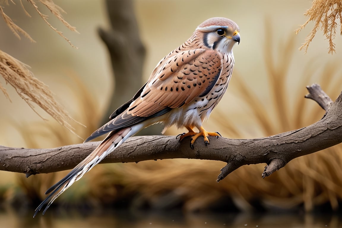 Kestrel bird sitting on top of a tree branch, closed beak, very long tail, unsplashed photography, hyper realistic, staggering in its beauty, la nouvelle vague, sitting at a pond, , long flowing fins, highly capsuled, this set colours, Steve, 8k, sharp focused