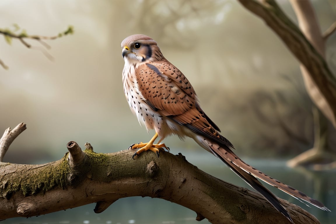 Kestrel bird sitting on top of a tree branch, closed beak, very long tail, unsplashed photography, hyper realistic, staggering in its beauty, la nouvelle vague, sitting at a pond, , long flowing fins, highly capsuled, this set colours, Steve, 8k, sharp focused