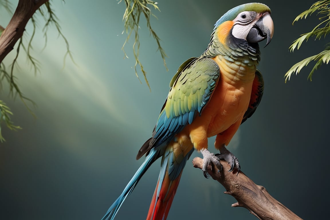 a parrot (Male) bird sitting on top of a tree branch, closed beak, very long tail, unsplashed photography, hyper realistic, staggering in its beauty, la nouvelle vague, sitting at a pond, , long flowing fins, highly capsuled, this set colours, Steve, 8k, sharp focused