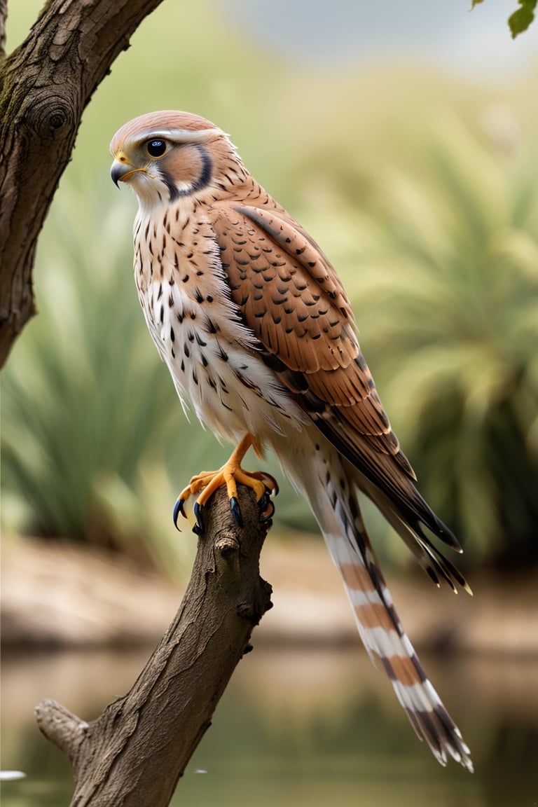 Kestrel bird sitting on top of a tree branch, closed beak, very long tail, unsplashed photography, hyper realistic, staggering in its beauty, la nouvelle vague, sitting at a pond, , long flowing fins, highly capsuled, this set colours, Steve, 8k, sharp focused