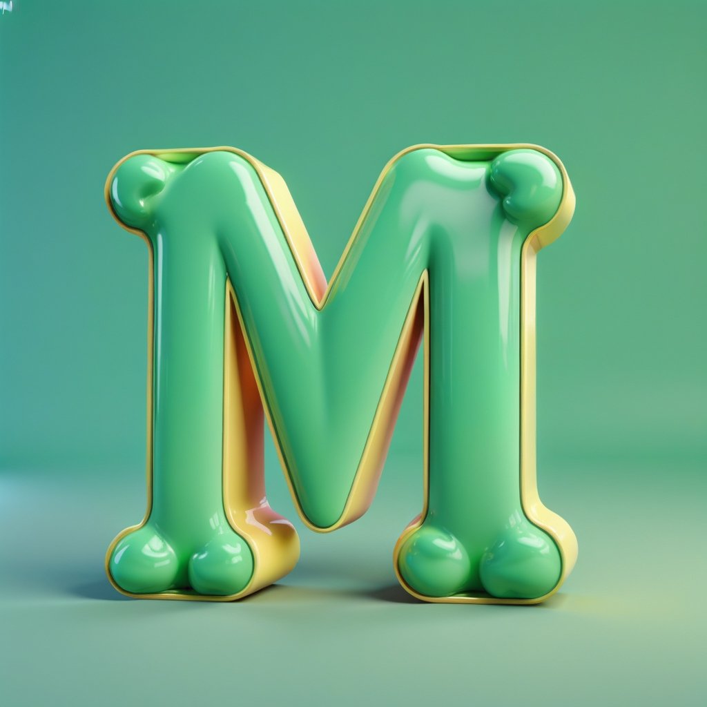 Normal English Word " M ", 
for kids cheerful, 3d, C4D, mixer, Octane rendering, (full Croma green background), Masterpieces in pastel colors, Hard material, Best Quality, super detaill, High Quality, 4k, 3D