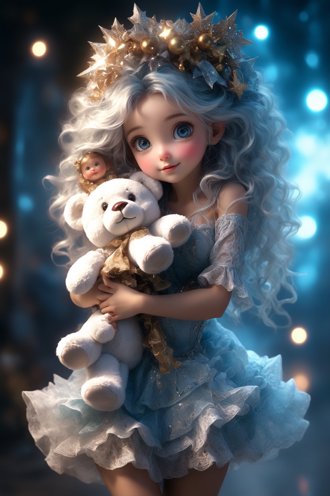 dancing sexy woman miniskirt, knee high boots jewelry, make up, light blue eyes, multicolor hair,close eyes, A Ultra realistic, cinematic expression, a stunningly portrait, Cute and adorable christmas child hugging a christmas teddy bear, sweet expression, innocence, tender smile,  long messy hair, dynamic,  hoarfrost metal lace, christmas theme,  fantasy,  sunlight,  sunbeam, intricate detail,  12k,  front,  cover,  unzoom,  hyperdetailed painting,  luminism,  Bar lighting,  complex,  4k resolution concept art portrait by Greg Rutkowski,  Artgerm,  WLOP,  Alphonse Mucha,  little fusion pojatti realistic,  fractal isometrics details bioluminescens : a stunning realistic photograph, dynamic movement.