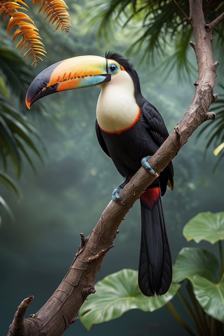 Toucan (Male) bird sitting on top of a tree branch, closed beak, very long tail, unsplashed photography, hyper realistic, staggering in its beauty, la nouvelle vague, sitting at a pond, , long flowing fins, highly capsuled, this set colours, Steve, 8k, sharp focused