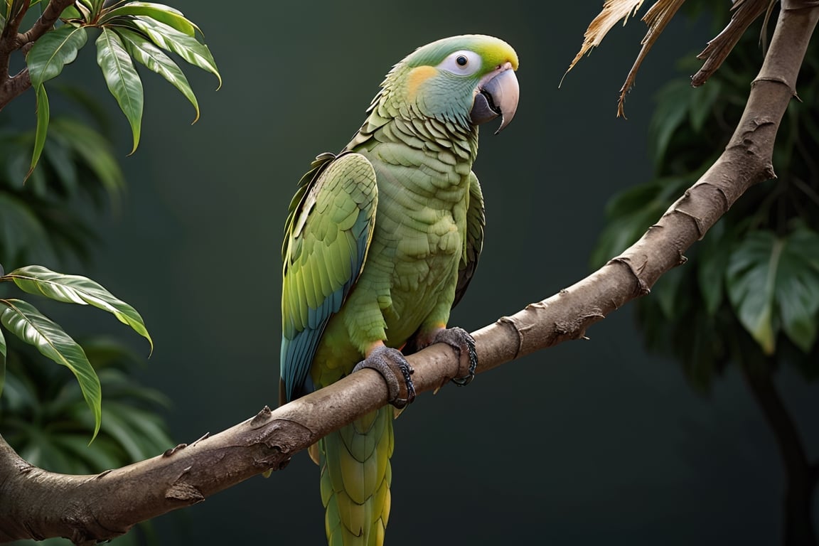 Green parrot (Male) bird sitting on top of a tree branch, closed beak, very long tail, unsplashed photography, hyper realistic, staggering in its beauty, la nouvelle vague, sitting at a pond, , long flowing fins, highly capsuled, this set colours, Steve, 8k, sharp focused