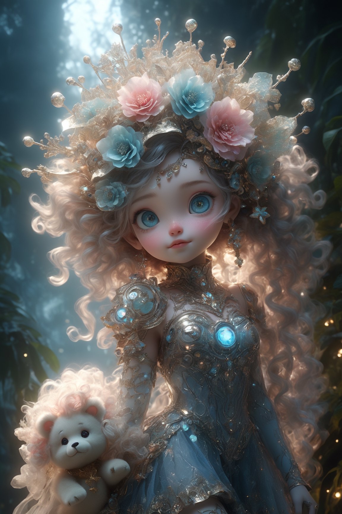 Wide-angle viewed from-below, Cinematic results, beautiful  cyborg woman covered in colorful flowy floral  embroidered brocade dress with fractal glass elements surrounded by thick steam and fog walking in a jungle, 8kUHD, dynamic pose, morning lighting, golden glow, jungle with many flowering vines background,A girl dancing ,detailmaster2,arcane, ultrarealistic hyperdetailed face , Immortal cyborg,Character portrait of  Max Born, standing on stage, side profile, caricature, chibi, kawaii,3d rendering, octane rendering, volumetric light, victorian fashion, metallic, highly-detailed symmetric face, detailed eyes, ultra sharp, highest quality, art by Anja Millen and George Cruikshank and Bordalo II, smooth, sharp focus, trending on artforum, behance hd, kids story book style, muted colors, watercolor style, dancing sexy woman miniskirt, knee high boots jewelry, make up, light blue eyes, multicolor hair,close eyes, A Ultra realistic, cinematic expression, a stunningly portrait, Cute and adorable christmas child hugging a christmas teddy bear, sweet expression, innocence, tender smile,  long hair, dynamic,  hoarfrost metal lace, christmas theme,  fantasy,  sunlight,  sunbeam, intricate detail,  12k,  front,  cover,  unzoom,  hyperdetailed painting,  luminism,  Bar lighting,  complex,  4k resolution concept art portrait by Greg Rutkowski,  Artgerm,  WLOP,  Alphonse Mucha,  little fusion pojatti realistic,  fractal isometrics details bioluminescens : a stunning realistic photograph, dynamic movement.