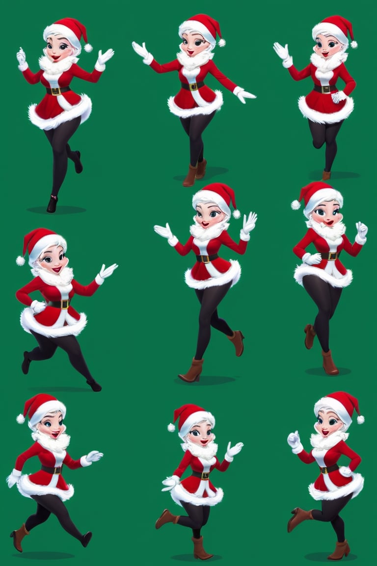 Character Design Sheet, a candid moment in a crowded North Pole Santa girl , (Croma green background), character reference sheet, character turn around,disney style, running sequence for Adobe animate CC, 10 frame , also mention the page one is the first second third number