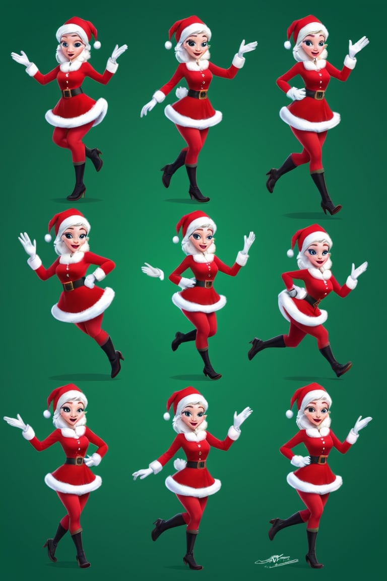 Character Design Sheet, a candid moment in a crowded North Pole Santa girl , (Croma green background), character reference sheet, character turn around,disney style, running sequence for Adobe animate CC, 10 frame , also mention the page one is the first second third number