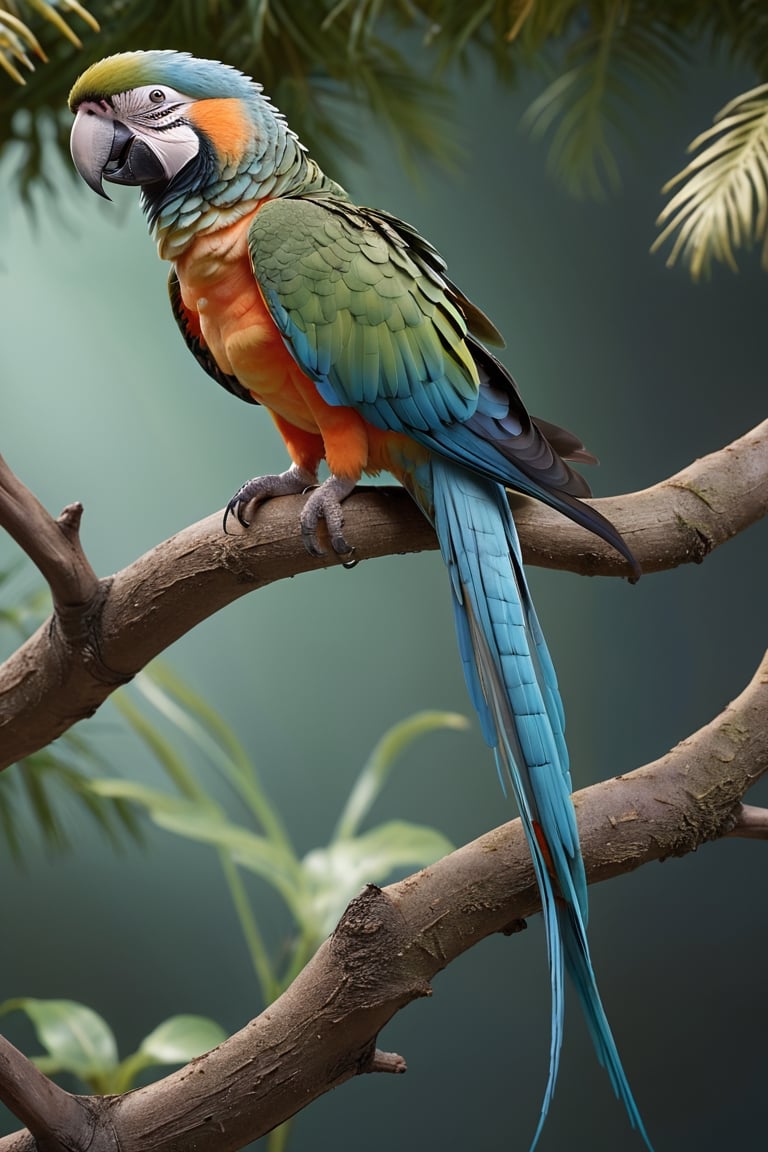 a parrot (Male) bird sitting on top of a tree branch, closed beak, very long tail, unsplashed photography, hyper realistic, staggering in its beauty, la nouvelle vague, sitting at a pond, , long flowing fins, highly capsuled, this set colours, Steve, 8k, sharp focused