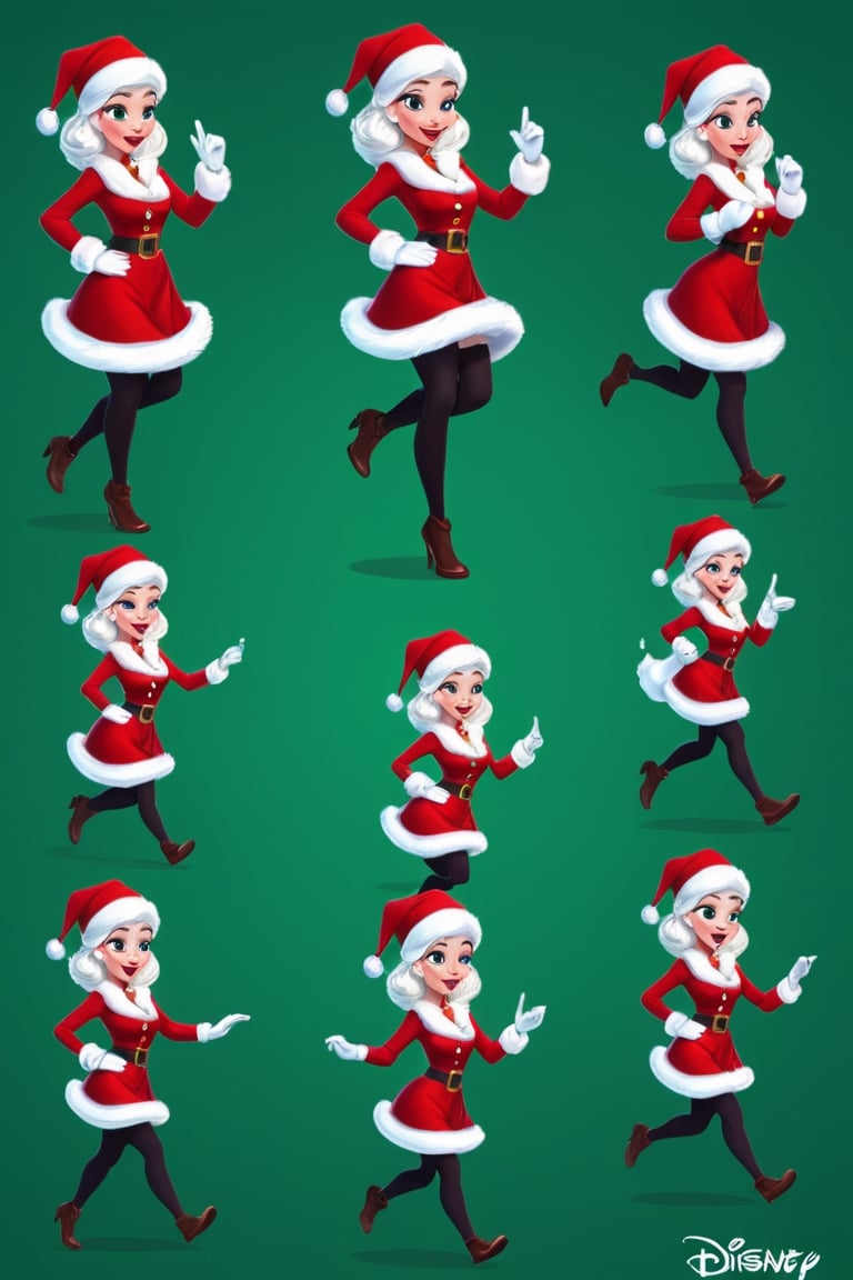 Character Design Sheet, a candid moment in a crowded North Pole Santa girl , (Croma green background), character reference sheet, character turn around,disney style, running sequence for Adobe animate CC, 10 frame , also mention the page one is the first second third number