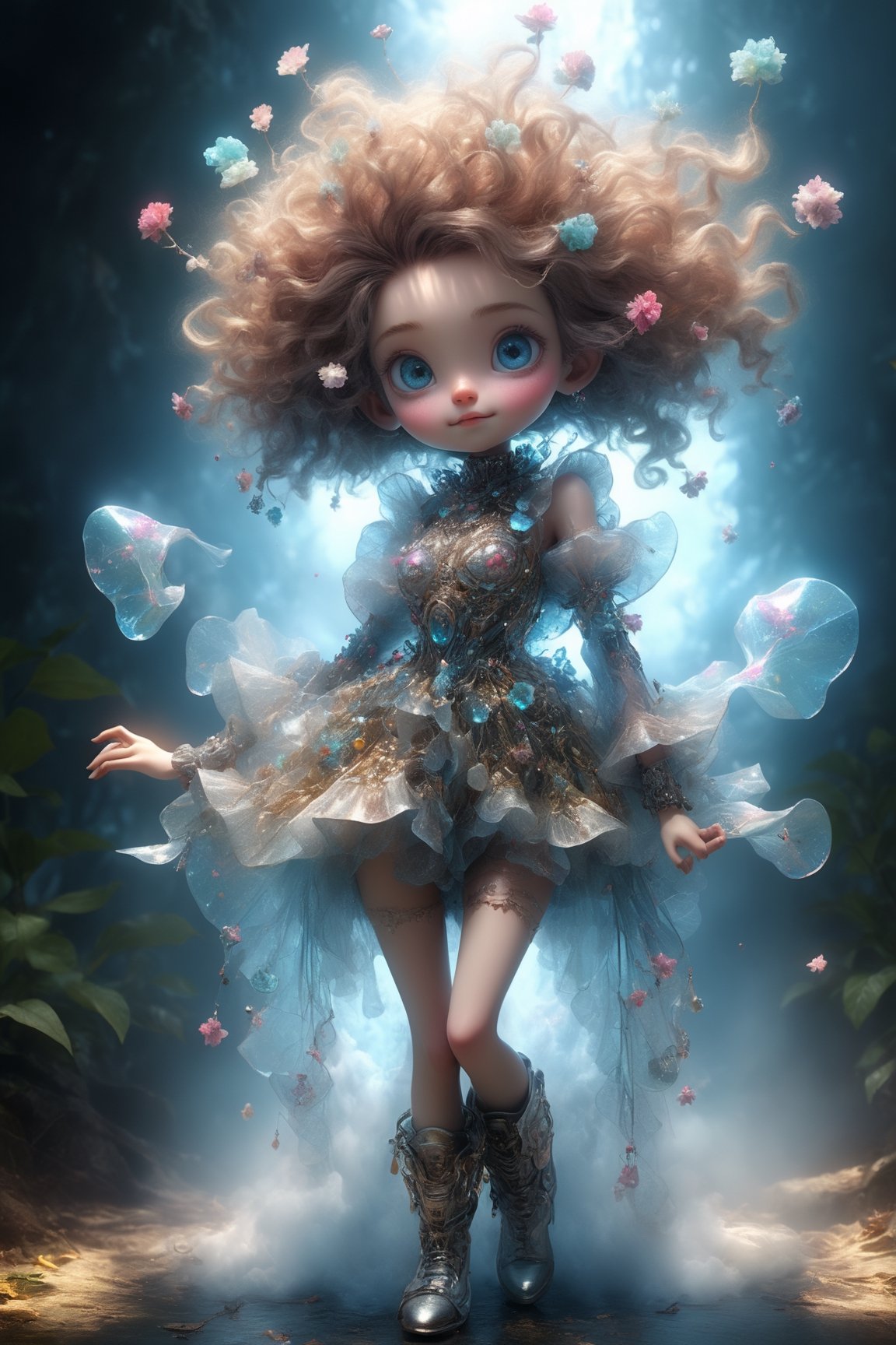 Wide-angle viewed from-below, Cinematic results, beautiful  cyborg woman covered in colorful flowy floral  embroidered brocade dress with fractal glass elements surrounded by thick steam and fog walking in a jungle, 8kUHD, dynamic pose, morning lighting, golden glow, jungle with many flowering vines background,A girl dancing ,detailmaster2,arcane, ultrarealistic hyperdetailed face , Immortal cyborg,Character portrait of  Max Born, standing on stage, side profile, caricature, chibi, kawaii,3d rendering, octane rendering, volumetric light, victorian fashion, metallic, highly-detailed symmetric face, detailed eyes, ultra sharp, highest quality, art by Anja Millen and George Cruikshank and Bordalo II, smooth, sharp focus, trending on artforum, behance hd, kids story book style, muted colors, watercolor style, dancing sexy woman miniskirt, knee high boots jewelry, make up, light blue eyes, multicolor hair,close eyes, A Ultra realistic, cinematic expression, a stunningly portrait, Cute and adorable christmas child hugging a christmas teddy bear, sweet expression, innocence, tender smile,  long hair, dynamic,  hoarfrost metal lace, christmas theme,  fantasy,  sunlight,  sunbeam, intricate detail,  12k,  front,  cover,  unzoom,  hyperdetailed painting,  luminism,  Bar lighting,  complex,  4k resolution concept art portrait by Greg Rutkowski,  Artgerm,  WLOP,  Alphonse Mucha,  little fusion pojatti realistic,  fractal isometrics details bioluminescens : a stunning realistic photograph, dynamic movement.