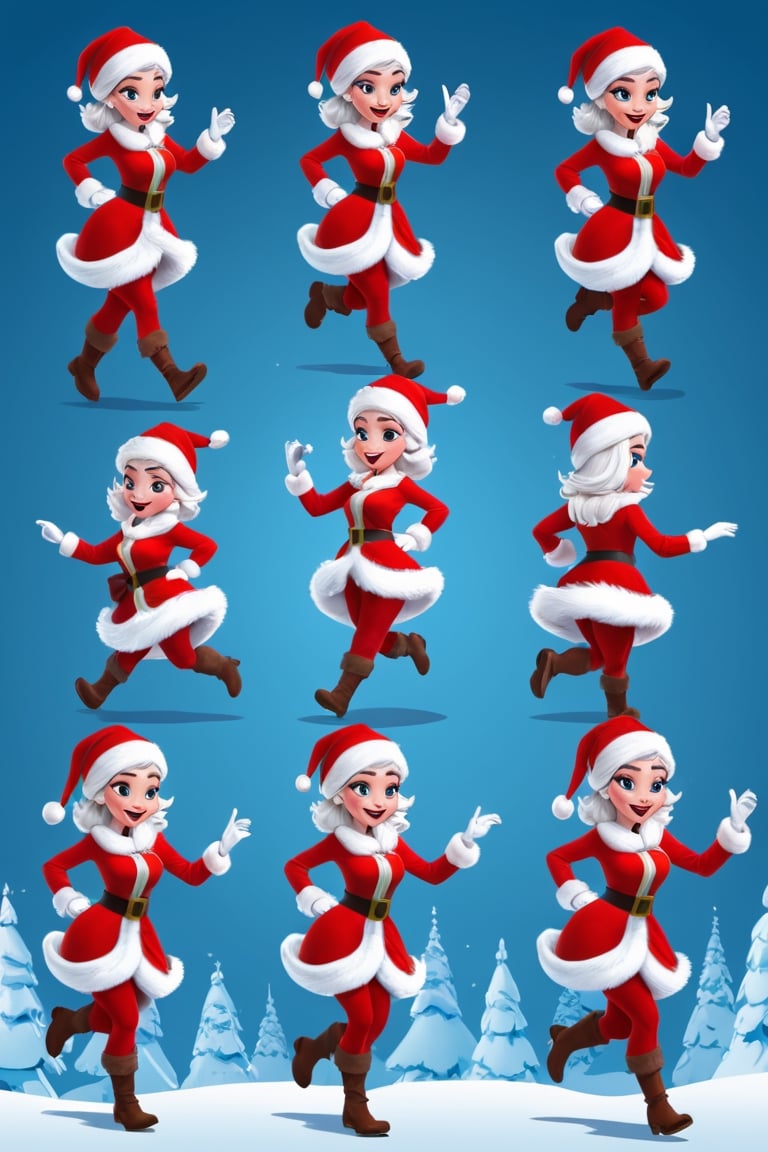 Character Design Sheet, a candid moment in a crowded North Pole Santa girl , character reference sheet, character turn around,disney style, running sequence for Adobe animate CC, 10 frame , also mention the page one is the first second third number