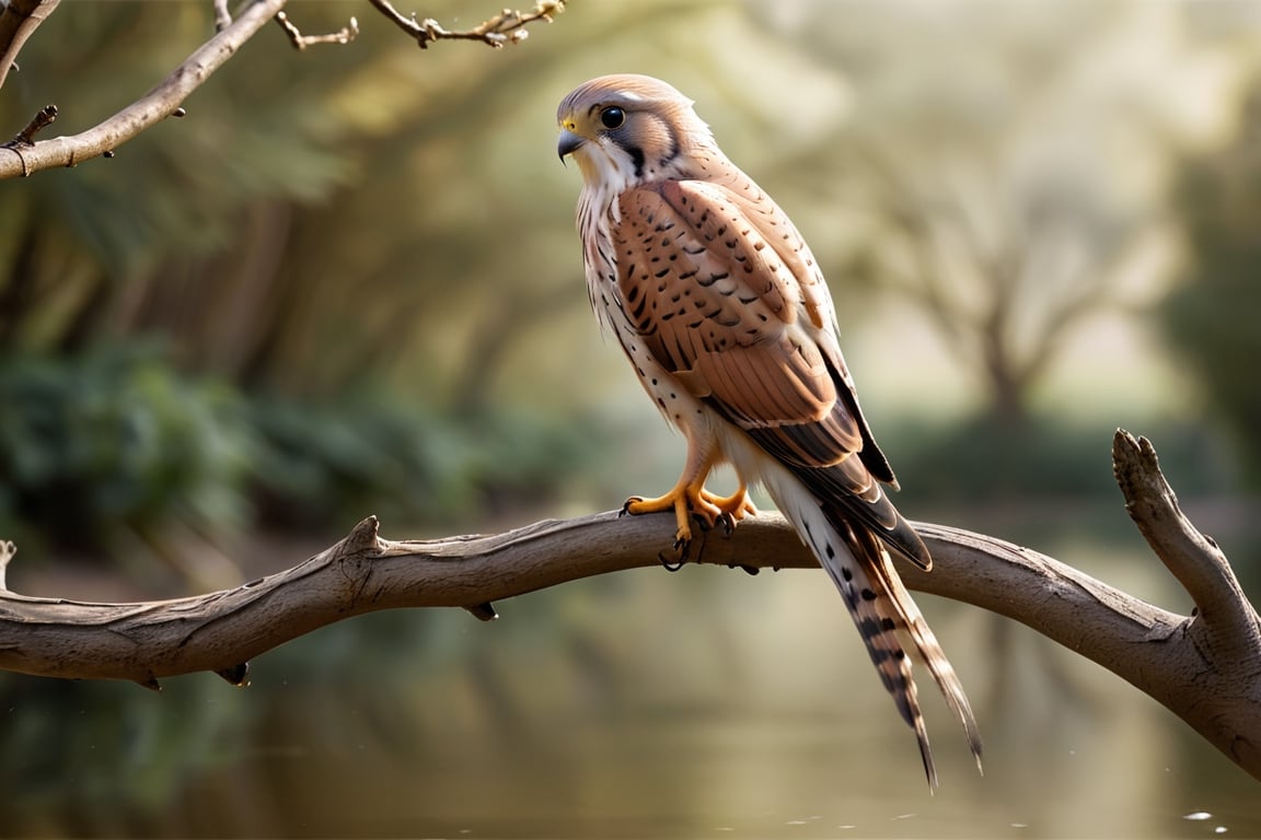 Kestrel bird sitting on top of a tree branch, closed beak, very long tail, unsplashed photography, hyper realistic, staggering in its beauty, la nouvelle vague, sitting at a pond, , long flowing fins, highly capsuled, this set colours, Steve, 8k, sharp focused