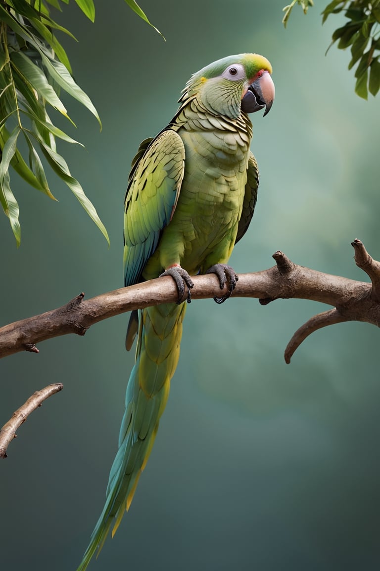 Green parrot (Male) bird sitting on top of a tree branch, closed beak, very long tail, unsplashed photography, hyper realistic, staggering in its beauty, la nouvelle vague, sitting at a pond, , long flowing fins, highly capsuled, this set colours, Steve, 8k, sharp focused