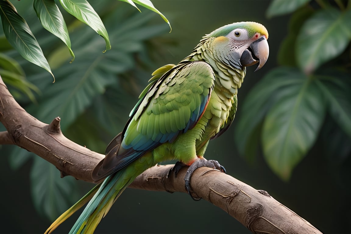 Green parrot (Male) bird sitting on top of a tree branch, closed beak, very long tail, unsplashed photography, hyper realistic, staggering in its beauty, la nouvelle vague, sitting at a pond, , long flowing fins, highly capsuled, this set colours, Steve, 8k, sharp focused