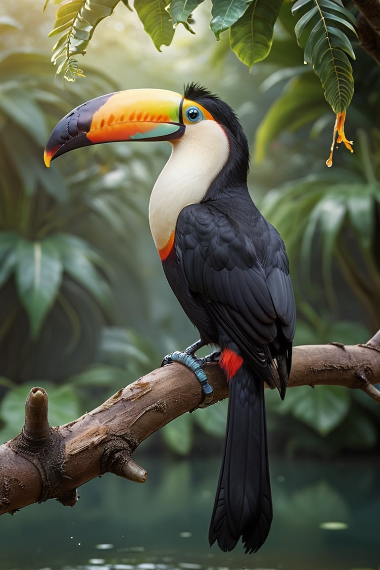 Toucan (Male) bird sitting on top of a tree branch, closed beak, very long tail, unsplashed photography, hyper realistic, staggering in its beauty, la nouvelle vague, sitting at a pond, , long flowing fins, highly capsuled, this set colours, Steve, 8k, sharp focused