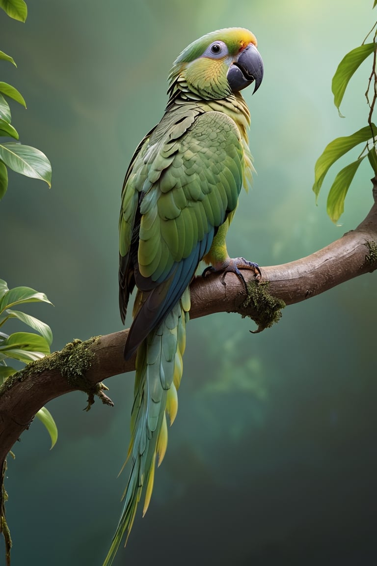 Green parrot (Male) bird sitting on top of a tree branch, closed beak, very long tail, unsplashed photography, hyper realistic, staggering in its beauty, la nouvelle vague, sitting at a pond, , long flowing fins, highly capsuled, this set colours, Steve, 8k, sharp focused