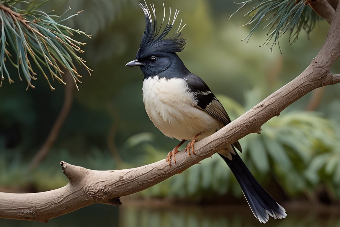 a white Male Western Parotia bird (Male) bird sitting on top of a tree branch, closed beak, very long tail, unsplashed photography, hyper realistic, staggering in its beauty, la nouvelle vague, sitting at a pond, , long flowing fins, highly capsuled, this set colours, Steve, 8k, sharp focused