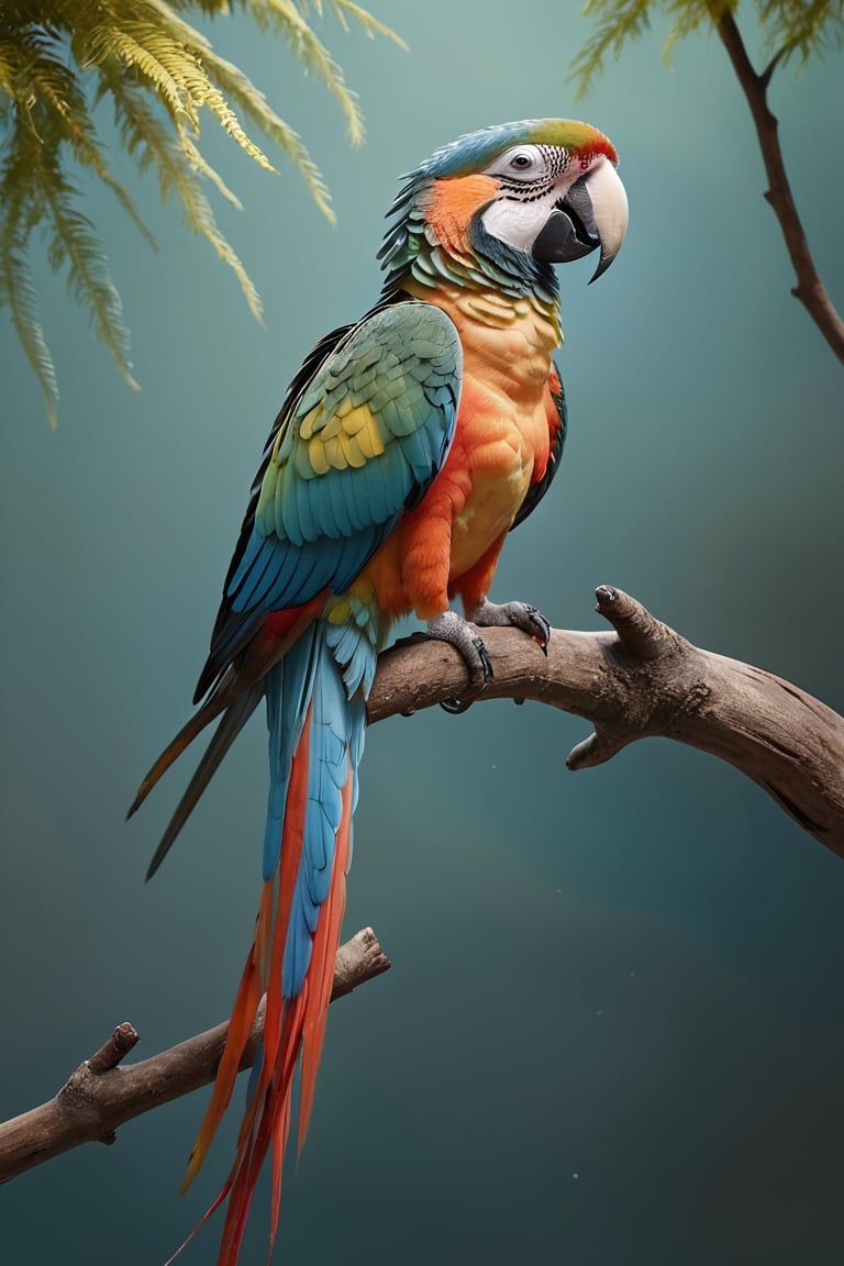 a parrot (Male) bird sitting on top of a tree branch, closed beak, very long tail, unsplashed photography, hyper realistic, staggering in its beauty, la nouvelle vague, sitting at a pond, , long flowing fins, highly capsuled, this set colours, Steve, 8k, sharp focused