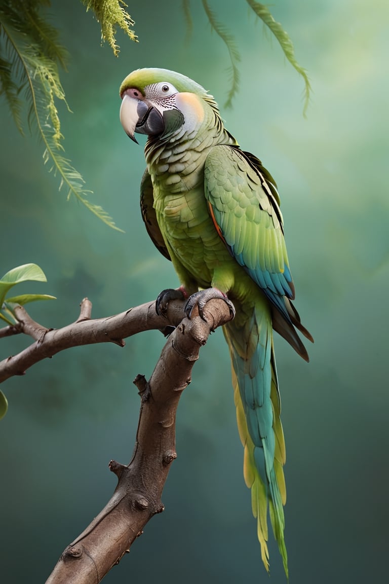 Green parrot (Male) bird sitting on top of a tree branch, closed beak, very long tail, unsplashed photography, hyper realistic, staggering in its beauty, la nouvelle vague, sitting at a pond, , long flowing fins, highly capsuled, this set colours, Steve, 8k, sharp focused