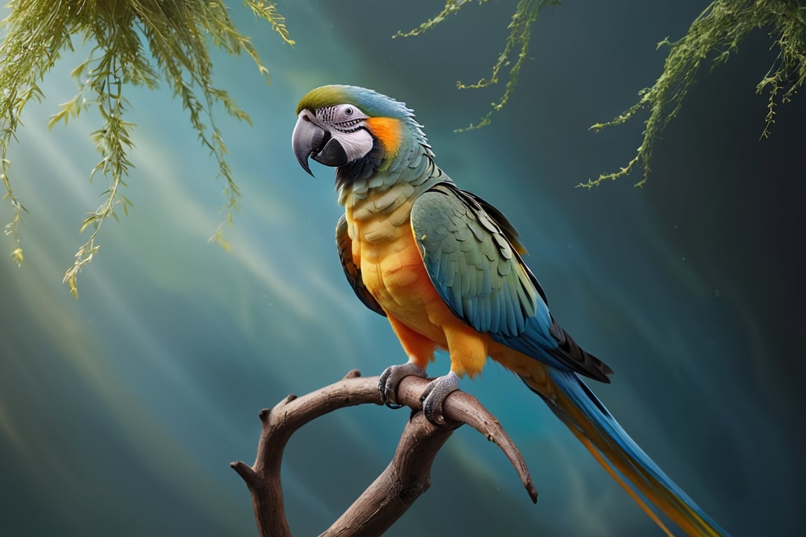 a parrot (Male) bird sitting on top of a tree branch, closed beak, very long tail, unsplashed photography, hyper realistic, staggering in its beauty, la nouvelle vague, sitting at a pond, , long flowing fins, highly capsuled, this set colours, Steve, 8k, sharp focused