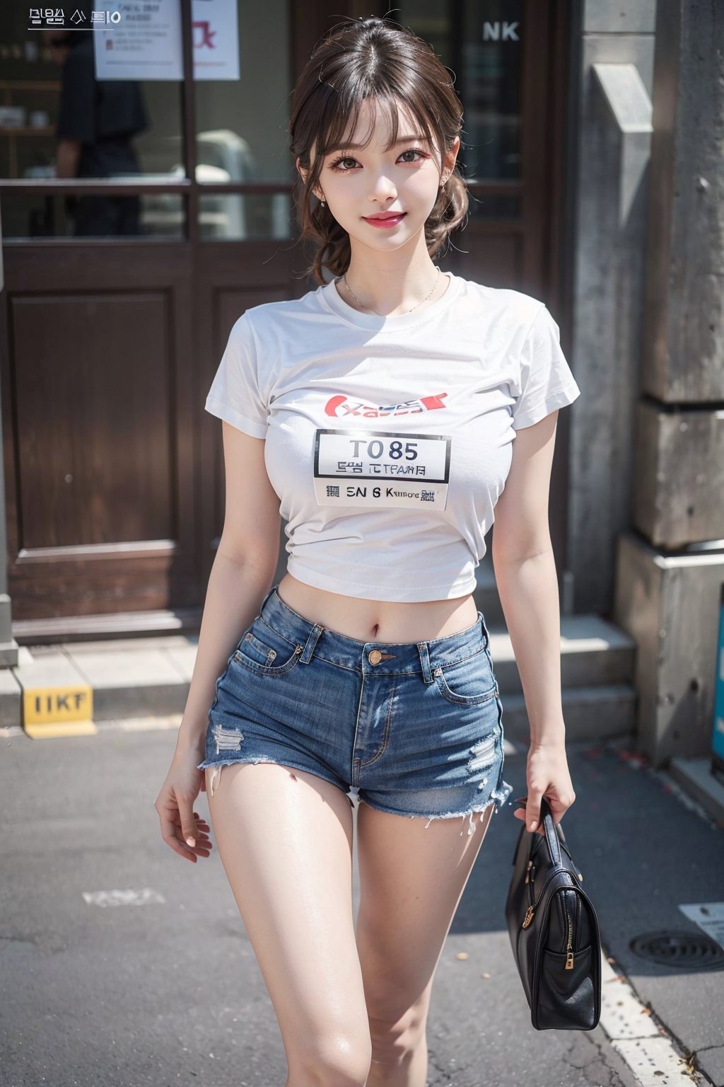 In Seoul, black stilettos , fullbody:1.2, jean shorts pants:10 , legs apart:1.6,
 ((natta、Realistic light、top-quality、8K、​masterpiece:1.3)),1girl in,Slim Beauty:1.2, braless:2.0, nipples visible:2.4 , abdominals:1.1,Blond straight haired,(White tight t-shirt: 1.3),beauty legs,Super fine face,A detailed eye,cheerful,seductive smile,mikana_yamamoto,jeongyeon, cleavage,gigantic_breasts,under_boob