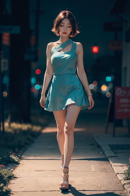 woman, very short flower dress, colorful, darl background,blue theme,exposure blend , bokeh, (hdr:1.4), high contrast, (cinematic, teal and orange:0.85), (muted colors, dim colors, soothing tones:1.3), low saturation,motiontrail,huge_breasts,full_body