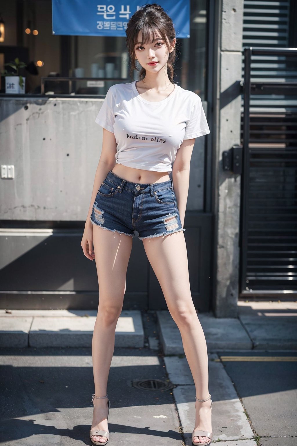 In Seoul, black stilettos , fullbody:1.2, jean shorts pants:10 , legs apart:1.6,
 ((natta、Realistic light、top-quality、8K、​masterpiece:1.3)),1girl in,Slim Beauty:1.2, braless:2.0, nipples visible:2.4 , abdominals:1.1,Blond straight haired,(White tight t-shirt: 1.3),beauty legs,Super fine face,A detailed eye,cheerful,seductive smile,mikana_yamamoto,jeongyeon, cleavage,gigantic_breasts,